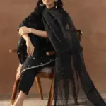 Black Embroidered Silk Blend Straight Suit Set With Dupatta
