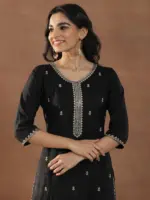 Black Embroidered Silk Blend Straight Suit Set With Dupatta - Image 2