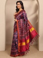 Blue Ikkat Printed Silk Blend Saree With Unstitched Blouse Piece - Image 2