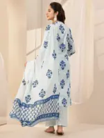 Blue Printed Cotton Straight Suit Sets With Dupatta - Image 4