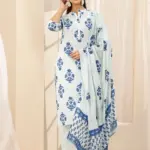 Blue Printed Cotton Straight Suit Sets With Dupatta