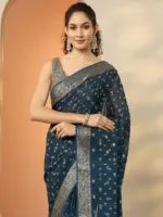 Blue Woven Design Georgette Saree With Unstitched Blouse Piece - Image 6