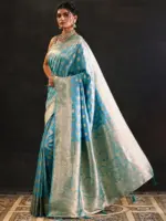 Blue Woven Design Silk Blend Saree With Unstitched Blouse Piece - Image 3