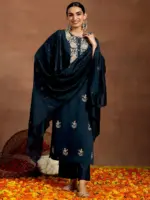 Blue Yoke Design Silk Blend Straight Suit With Dupatta - Image 2