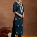 Blue Yoke Design Silk Blend Straight Suit With Dupatta