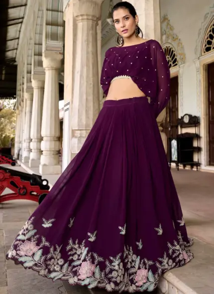 Designer Georgette Thread Embroidered Work Wine Crop Top Lehenga