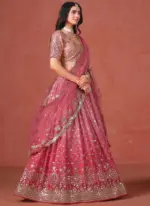 Fantastic Georgette Zari Embroidered Peach Lehenga Choli For Women - Image 4