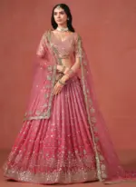 Fantastic Georgette Zari Embroidered Peach Lehenga Choli For Women