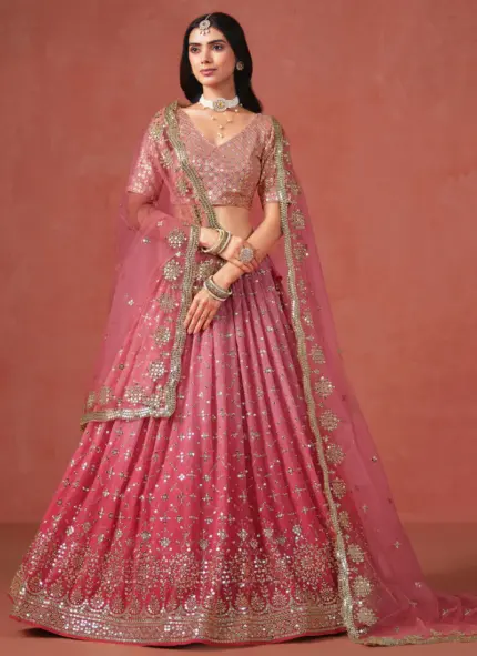 Fantastic Georgette Zari Embroidered Peach Lehenga Choli For Women