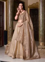 Golden Color Plain Silk Lehenga With Zari Embroidered Work Blouse - Image 2