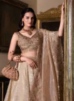 Golden Color Plain Silk Lehenga With Zari Embroidered Work Blouse - Image 3