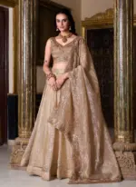 Golden Color Plain Silk Lehenga With Zari Embroidered Work Blouse - Image 4