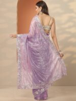 Lavender Embroidered Nylon Saree With Unstitched Blouse Piece - Image 3