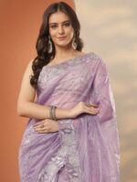 Lavender Embroidered Nylon Saree With Unstitched Blouse Piece - Image 5