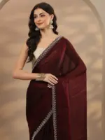 Maroon Solid Silk Blend Saree With Unstitched Blouse Piece - Image 2