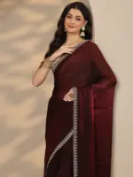 Maroon Solid Silk Blend Saree With Unstitched Blouse Piece - Image 5