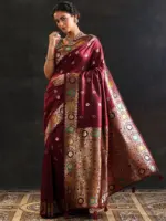 Maroon Woven Design Silk Blend Saree With Unstitched Blouse Piece