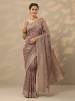 Mauve Embroidered Banarasi Nylon Saree With Unstitched Blouse Piece