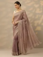 Mauve Embroidered Banarasi Nylon Saree With Unstitched Blouse Piece - Image 3