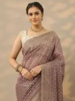 Mauve Embroidered Banarasi Nylon Saree With Unstitched Blouse Piece - Image 5