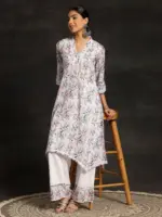 Multicoloured Printed Cotton A-Line Kurta With Palazzos - Image 3
