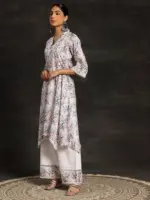 Multicoloured Printed Cotton A-Line Kurta With Palazzos - Image 4