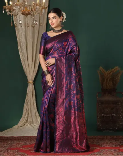 Navy Blue Silk Woven Banarasi Saree