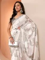 Off White Printed Silk Blend Saree With Unstitched Blouse Piece - Image 2
