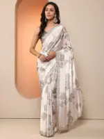 Off White Printed Silk Blend Saree With Unstitched Blouse Piece - Image 4