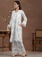 Off white Printed Cotton A-Line Kurta With Palazzos - Image 3