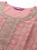 Peach Self Design Silk Blend Straight Kurta With Dupatta - Image 4