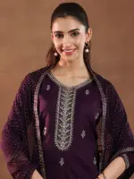 Wine Embroidered Silk Blend Straight Suit With Dupatta - Image 2