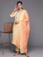 Yellow Yoke Design Silk Blend Straight Kurta With Trousers & Dupatta - Image 3
